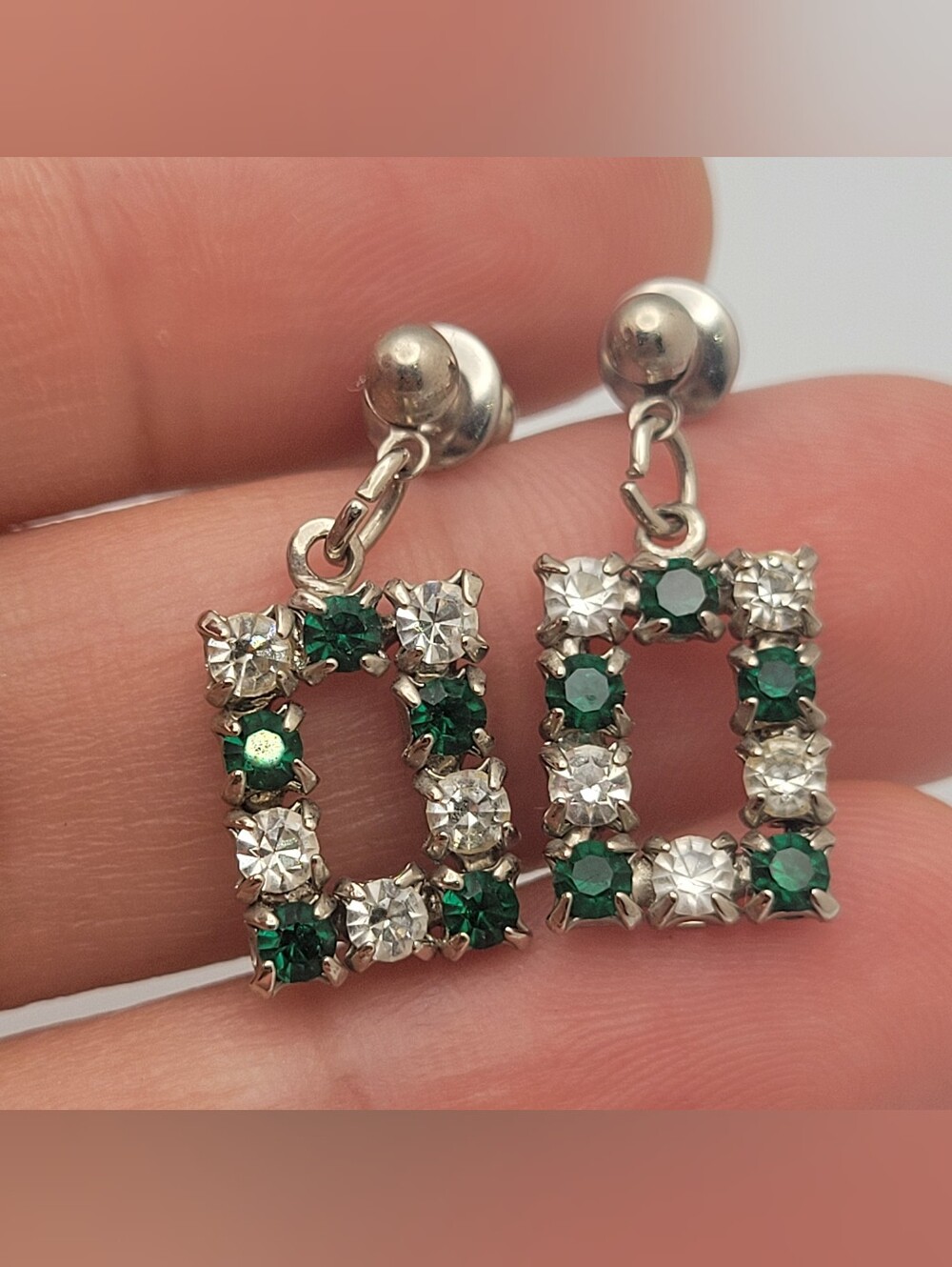 Vintage Inspired Silver-Stone Green and Clear Crystal Square Drop Earrings